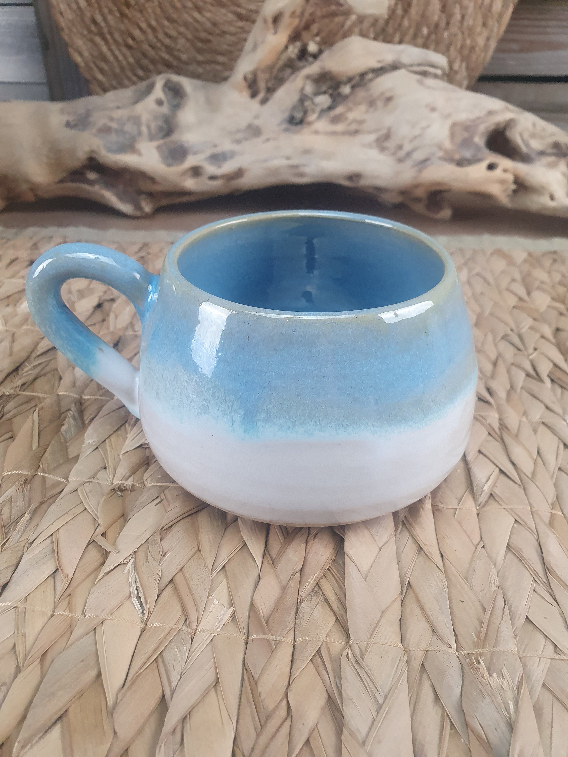 Tasse en Grès Émaillé, Blanche et Turquoise Pour Le Thé