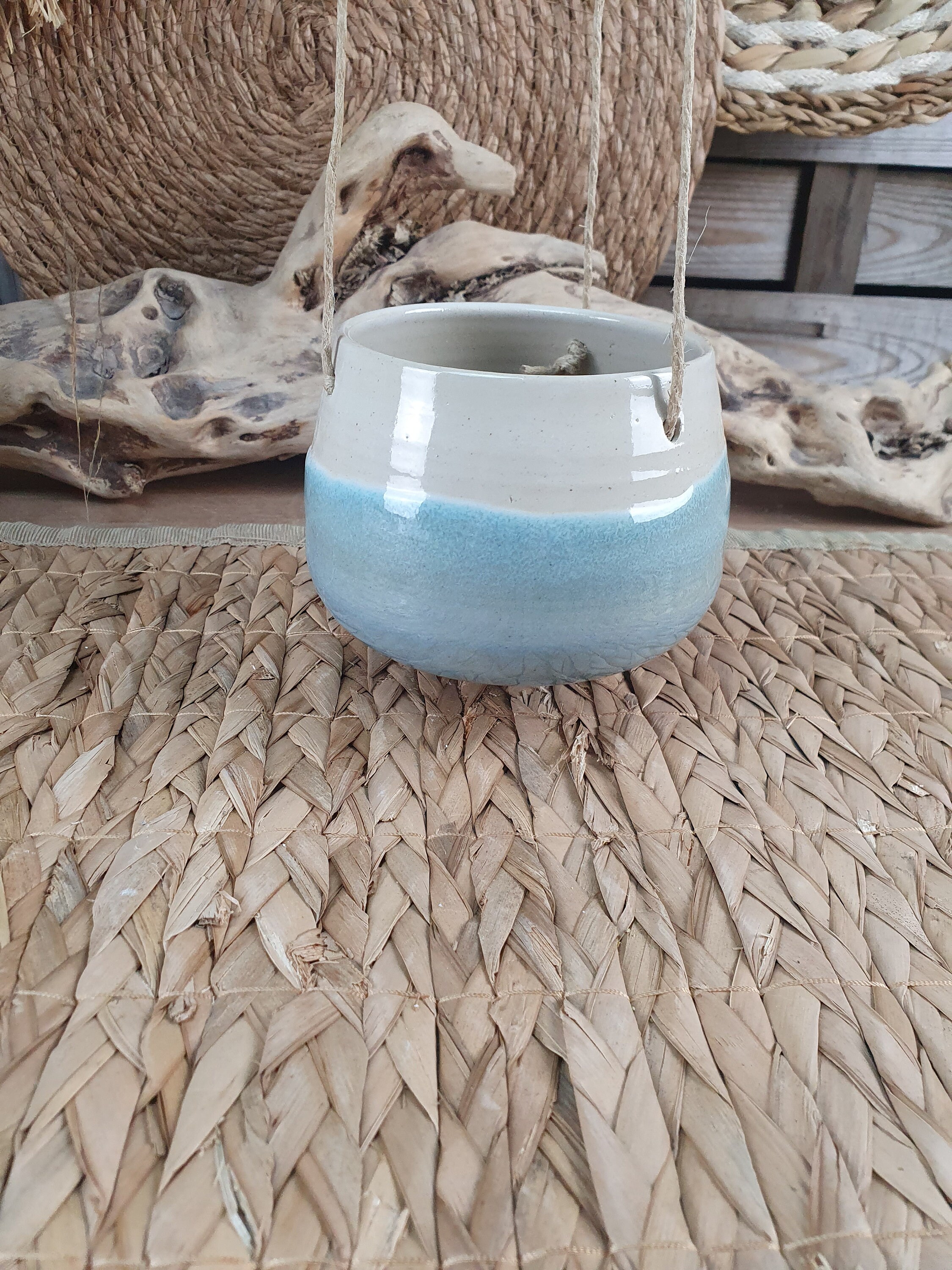 Pot Suspendu en Grès Émaillé, Blanc et Bleu Turquoise, Décoration Artisanale Pour Votre Maison