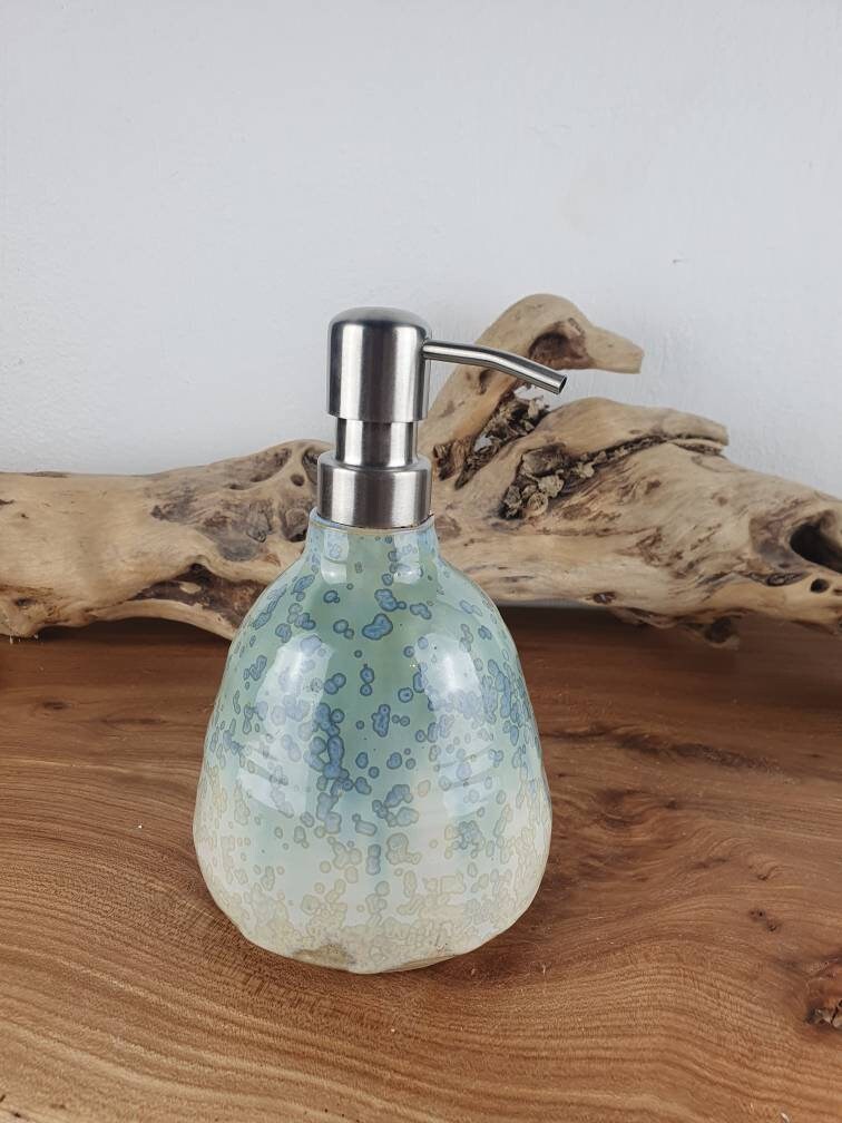 Distributeur à Savon, en Grès Émaillé, Blanc et Vert d'eau Cristallisé