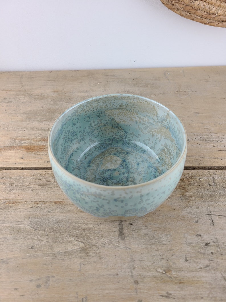 Enamelled stoneware bowl made on a potter's wheel, crystallized water green, artisanal bowl for your kitchen image 3