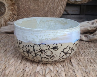 Salad bowl, enamelled stoneware made on a potter's wheel, crystallized white and black, cherry blossoms artisanal salad bowl for your kitchen