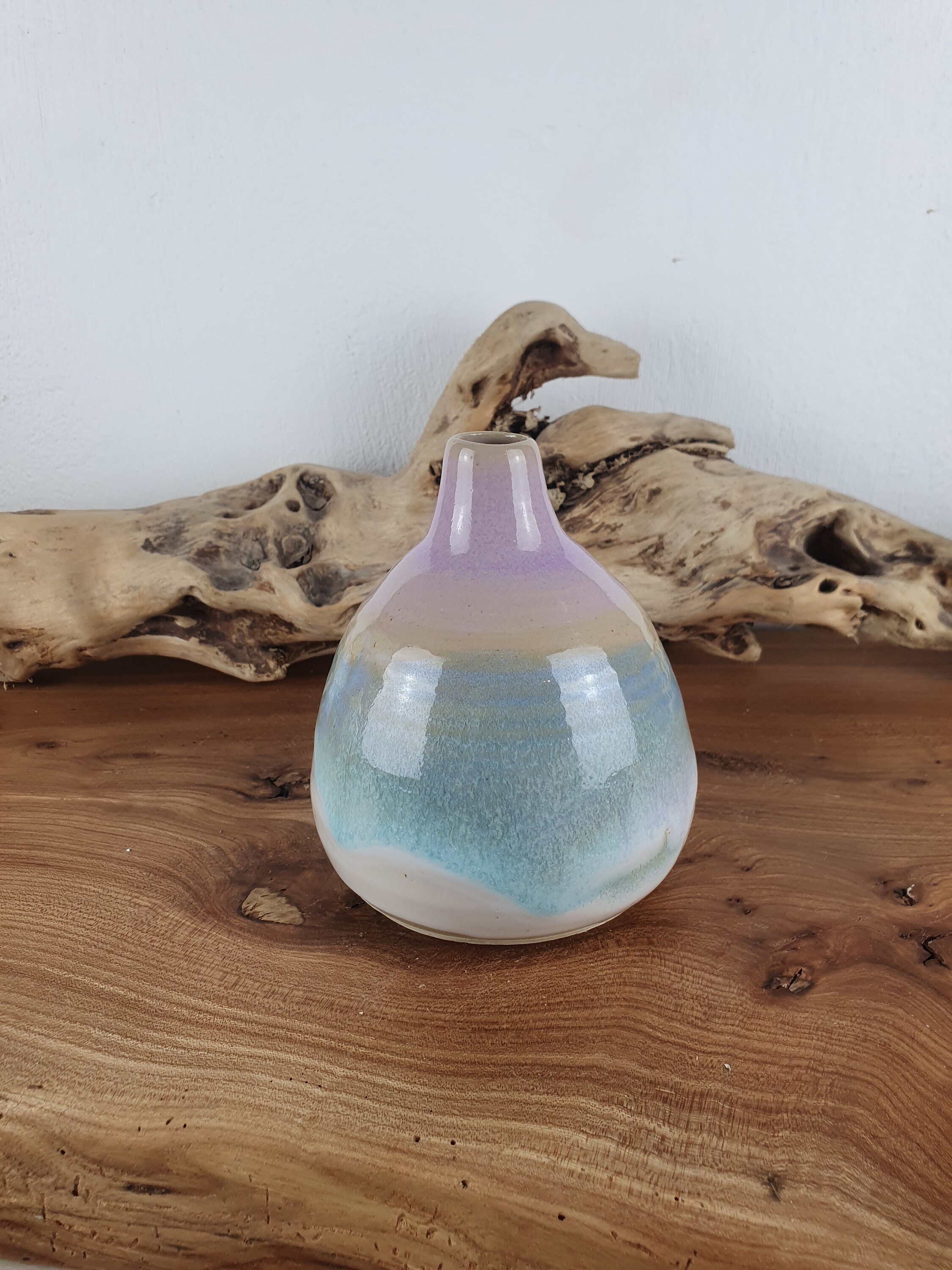 Vase ou Soliflore en Céramique Blanc, Rose et Bleu Turquoise Création Artisanale Pour Votre Décorati