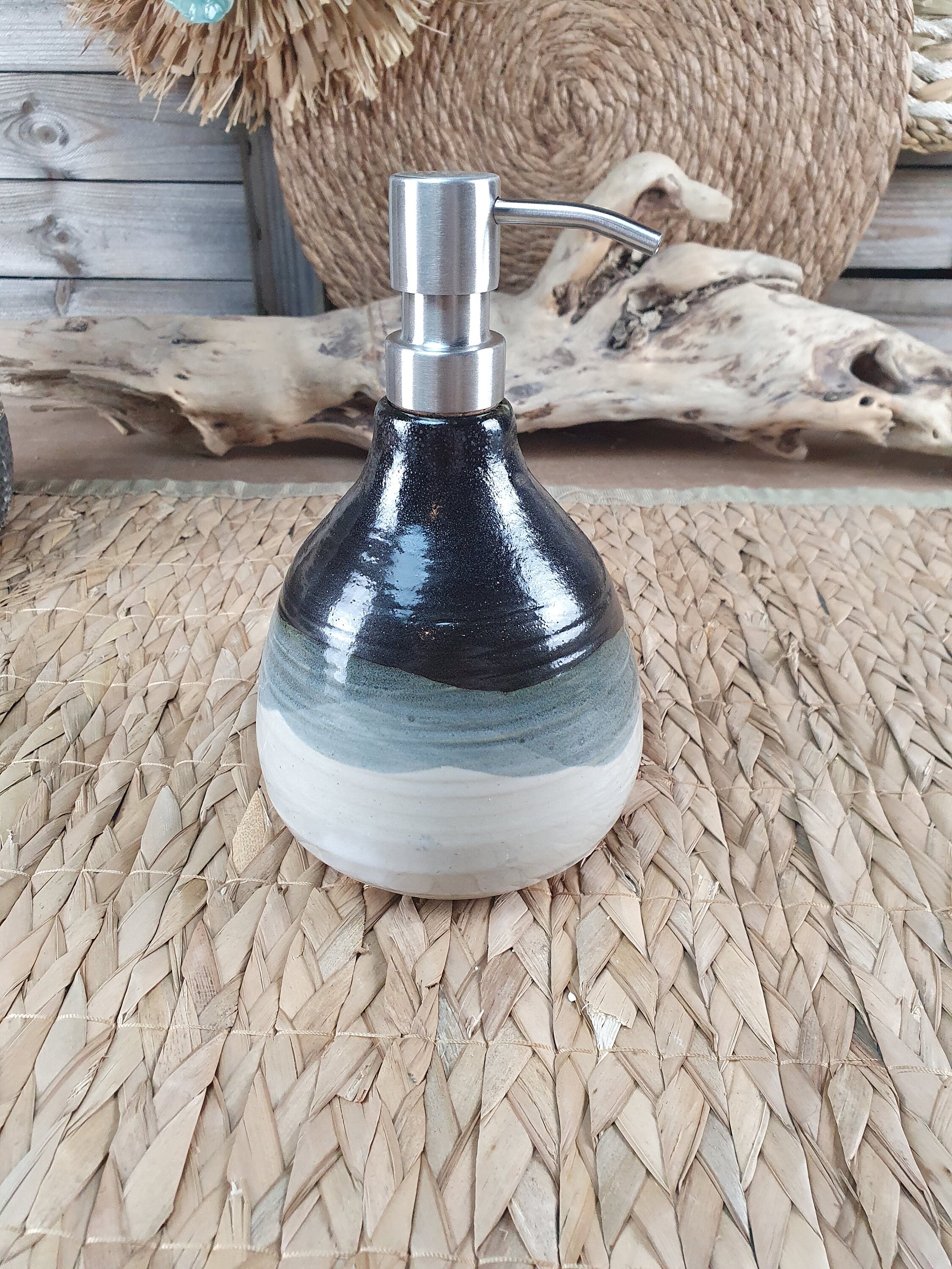 Distributeur à Savon, en Grès Émaillé, Blanc, et Noir