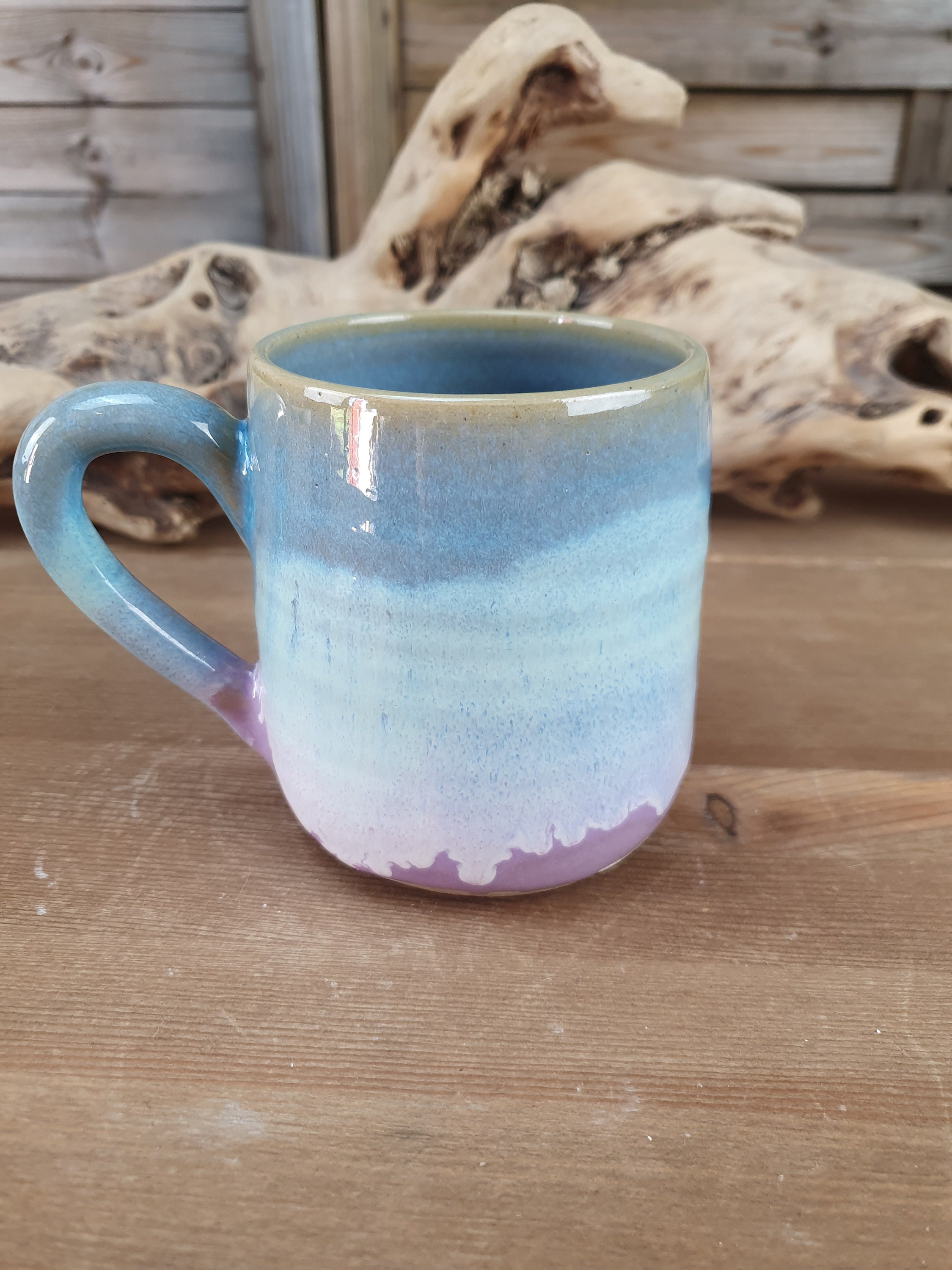 Tasse, en Grès Émaillé, Bleu Turquoise, Rose et Blanche Pour Le Thé ou Café, Fabrication Artisanale