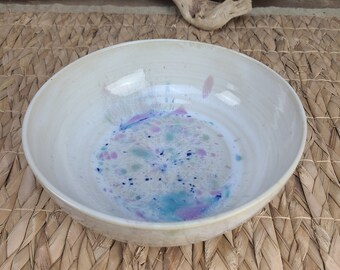 Enamelled stoneware bowl made on a potter&#39;s wheel, white, green and blue