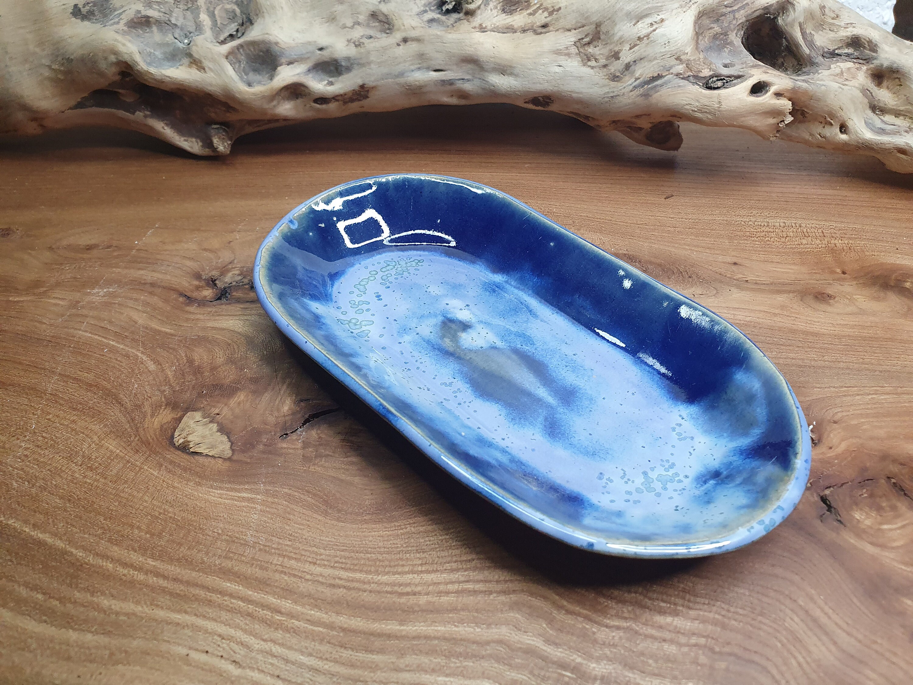 Petit Plat Ovale Creux , en Céramique Grès Émaillé, Tons Bleus, Création Artisanale Française Pour C