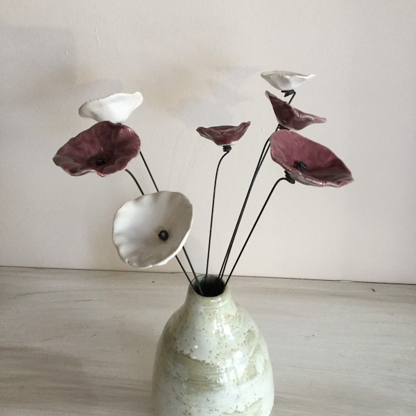 Plum and white ceramic flowers on wire to decorate your interior set of 7 flowers