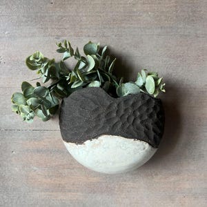 Puede incluir: Una maceta de pared semicircular con una sección superior negra mate texturizada con superficie irregular y una sección inferior lisa de color blanco roto. Una rama de hojas de eucalipto verdes se encuentra dentro de la abertura del recipiente de cerámica.