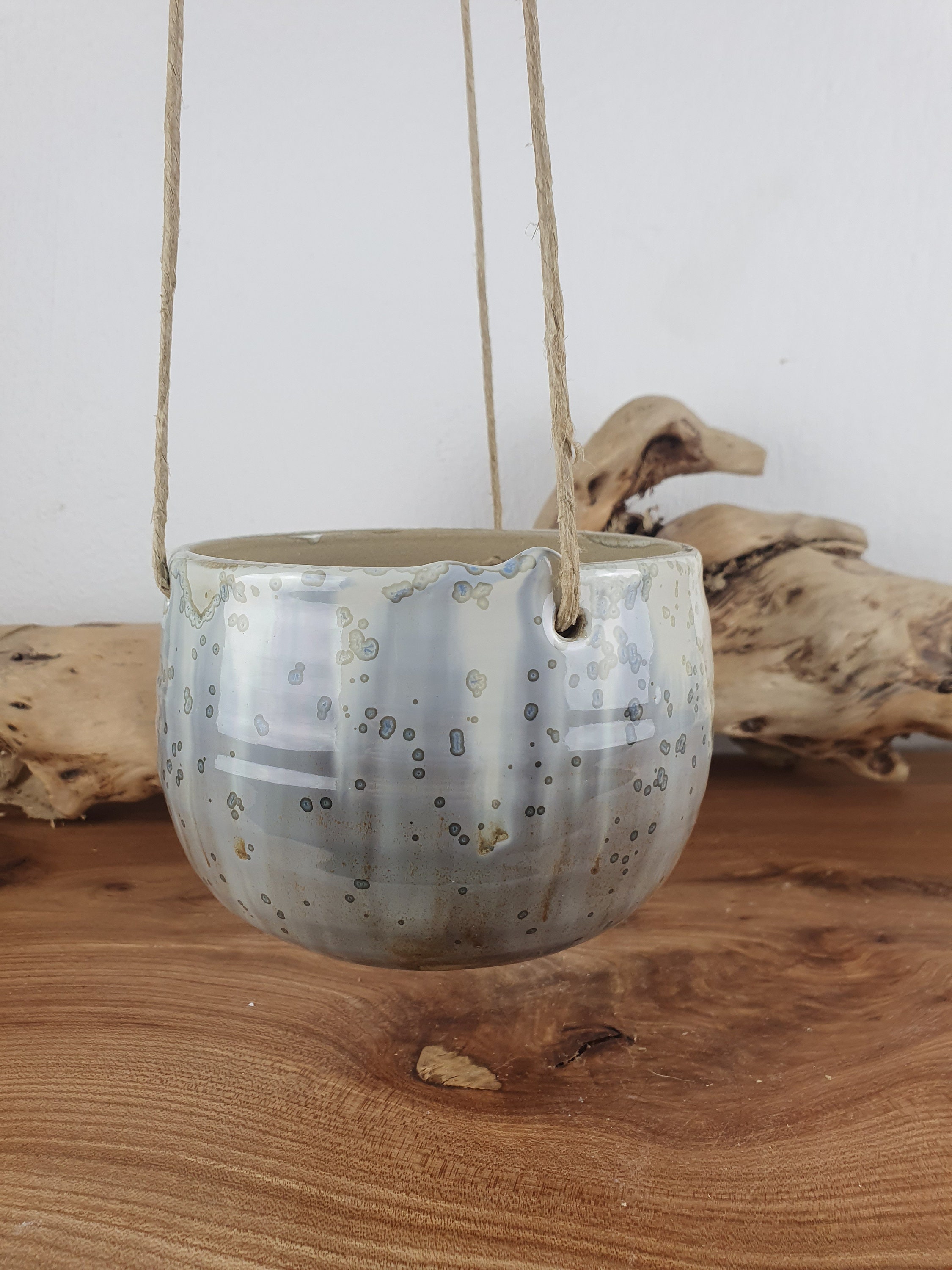 Pot Suspendu en Grès Émaillé, Gris Violet et Blanc Cristallisé