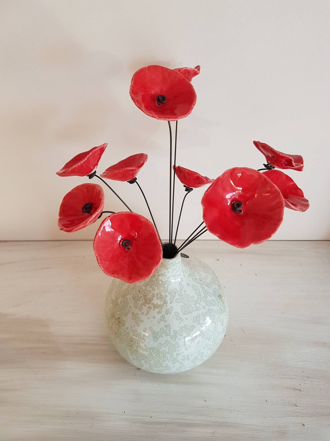 10 Petites Fleurs Rouges Coquelicots en Ceramique sur Fil de Fer