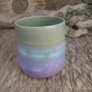 Cup without handle/tumbler in white, turquoise and pink enamelled stoneware for your hot drinks, tea, coffee or hot chocolate image 2