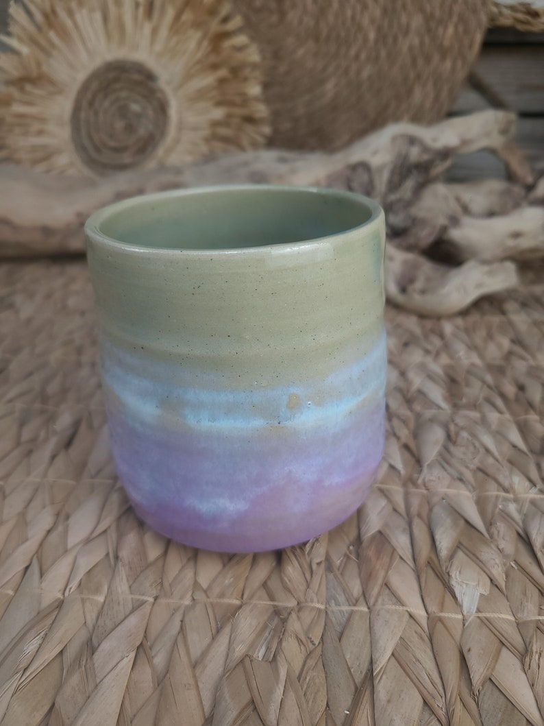 Tasse sans anse/gobelet en grès émaillé blanc, turquoise et rose pour vos boissons chaudes thé café ou chocolat chaud image 2