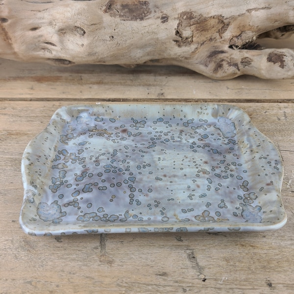 small square dish or tray in enameled stoneware, white and purple gray tones