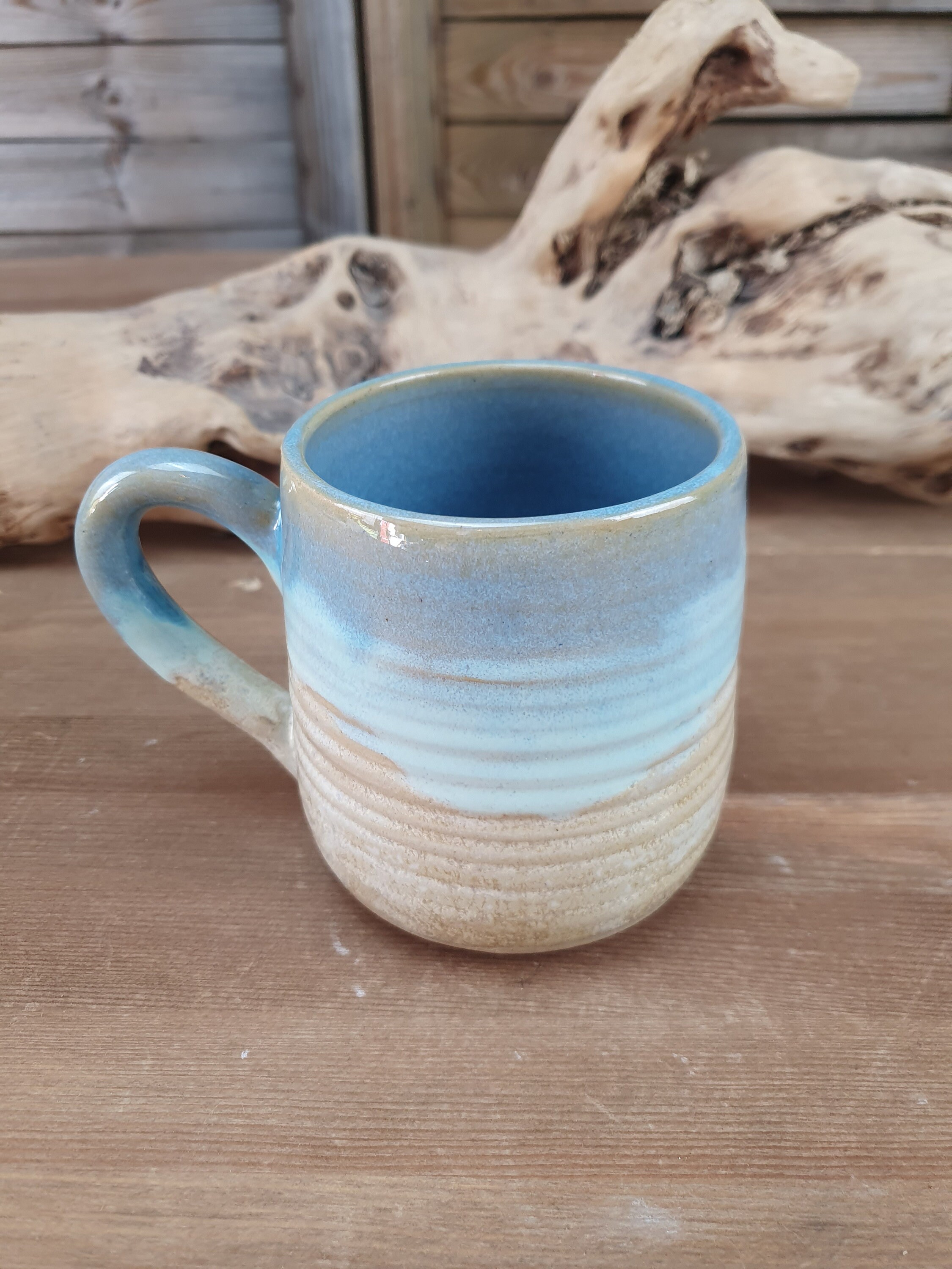 Tasse, en Grès Émaillé, Bleu Turquoise et Blanche Cristallisée Pour Le Thé ou Café, Fabrication Arti