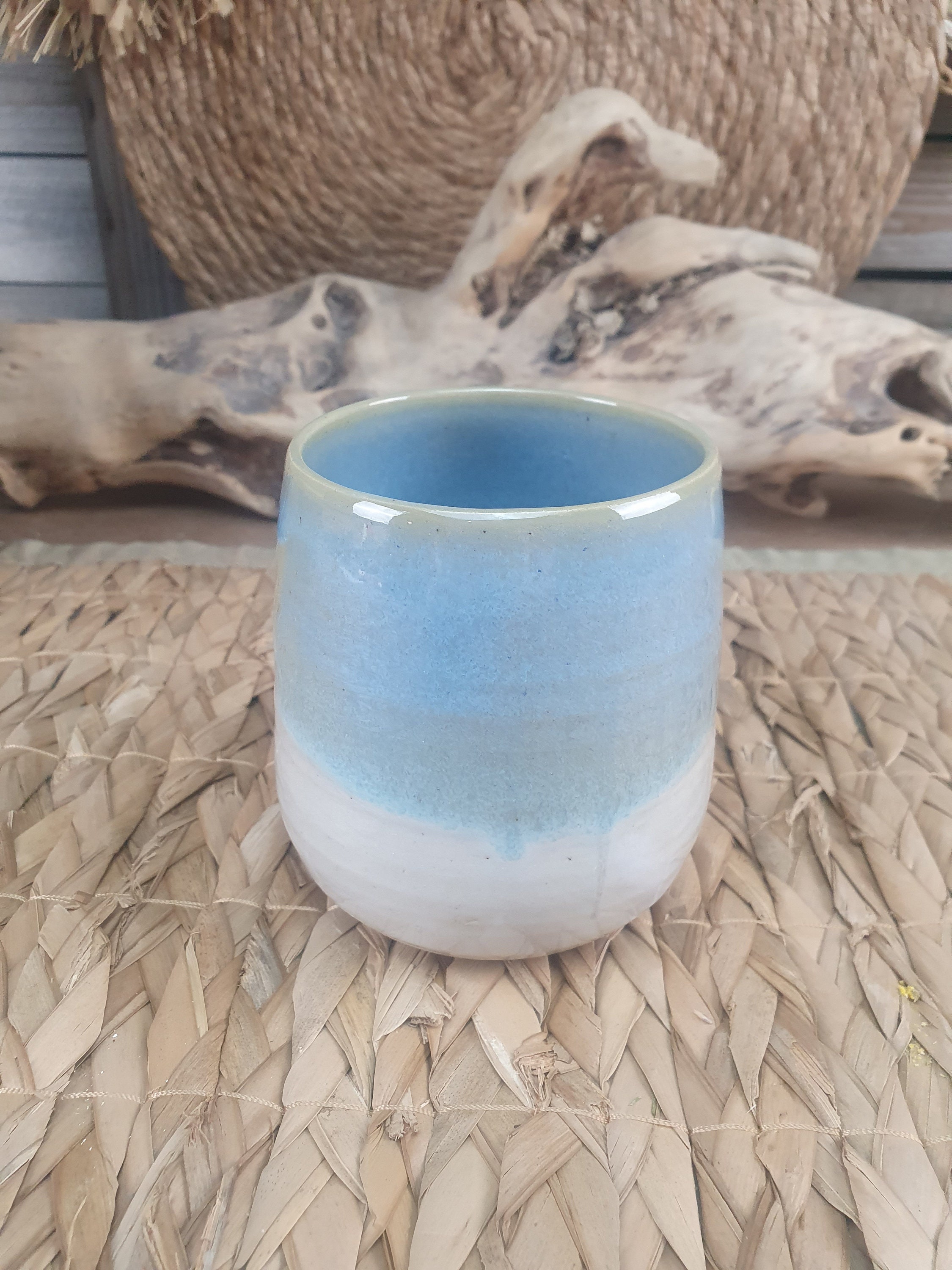 Tasse Sans Anse/Gobelet en Grès Émaillé Bleu Turquoise et Blanc Cristallisé , Pour Vos Boissons Chau