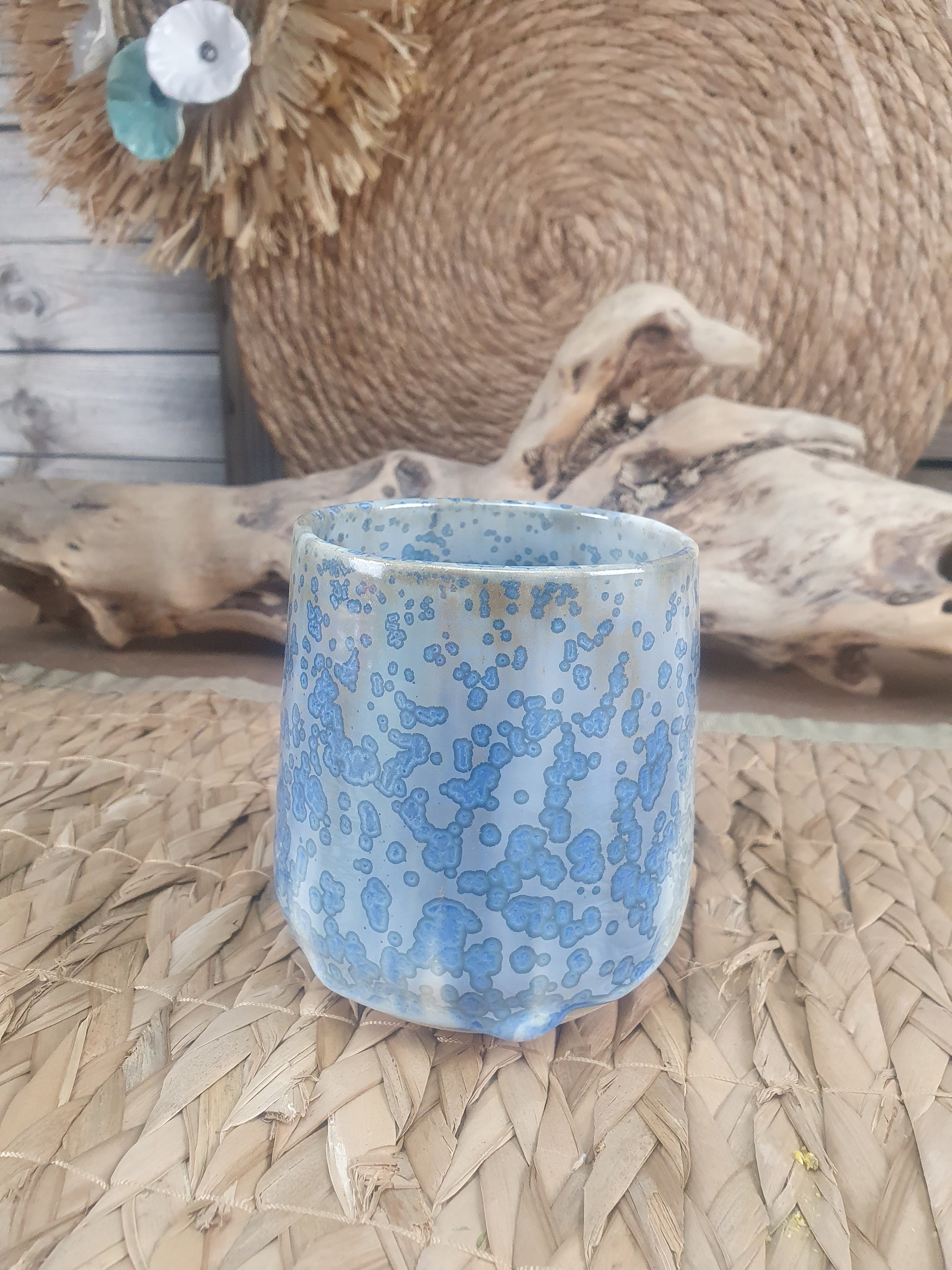 Tasse Sans Anse/Gobelet en Grès Émaillé Bleu et Blanc Cristallisé , Pour Vos Boissons Chaudes Thé Ca