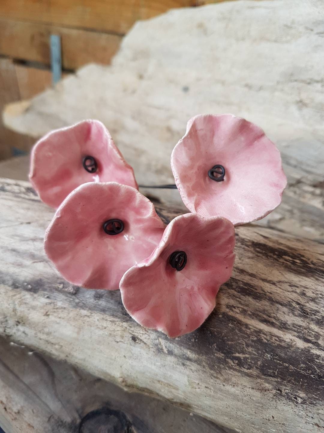 5 Petites Fleurs Roses, en Céramique sur Fil de Fer