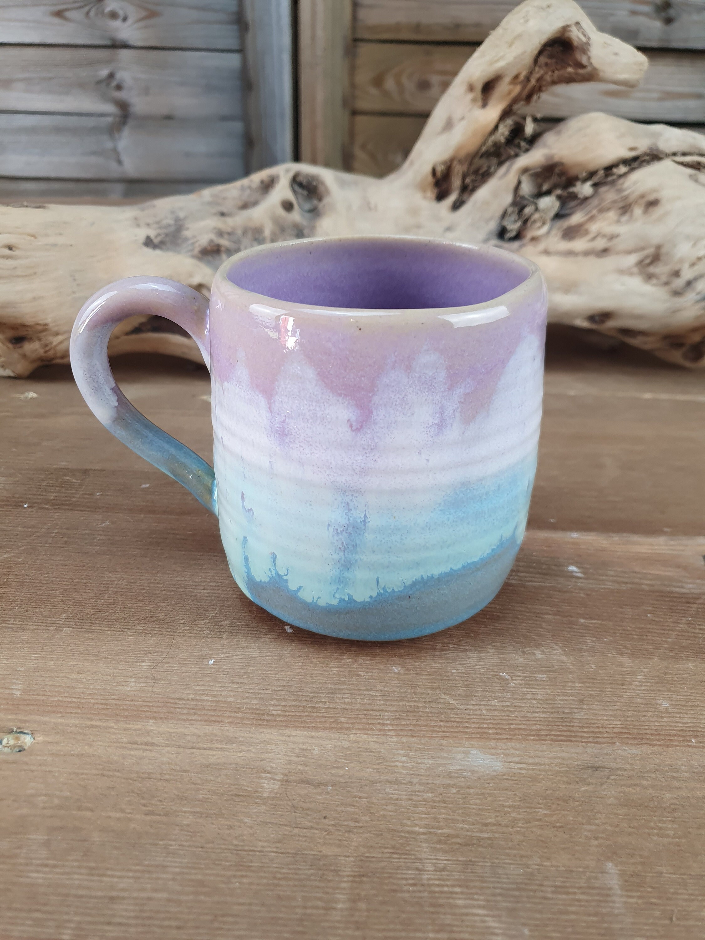 Tasse, en Grès Émaillé, Bleu Turquoise, Rose et Blanche Pour Le Thé ou Café, Fabrication Artisanale