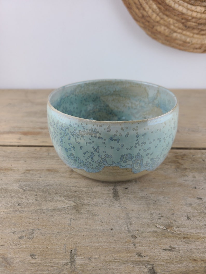 Enamelled stoneware bowl made on a potter's wheel, crystallized water green, artisanal bowl for your kitchen image 1