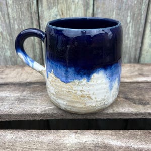 Mug, glazed stoneware, dark blue and white for tea or coffee, handcrafted