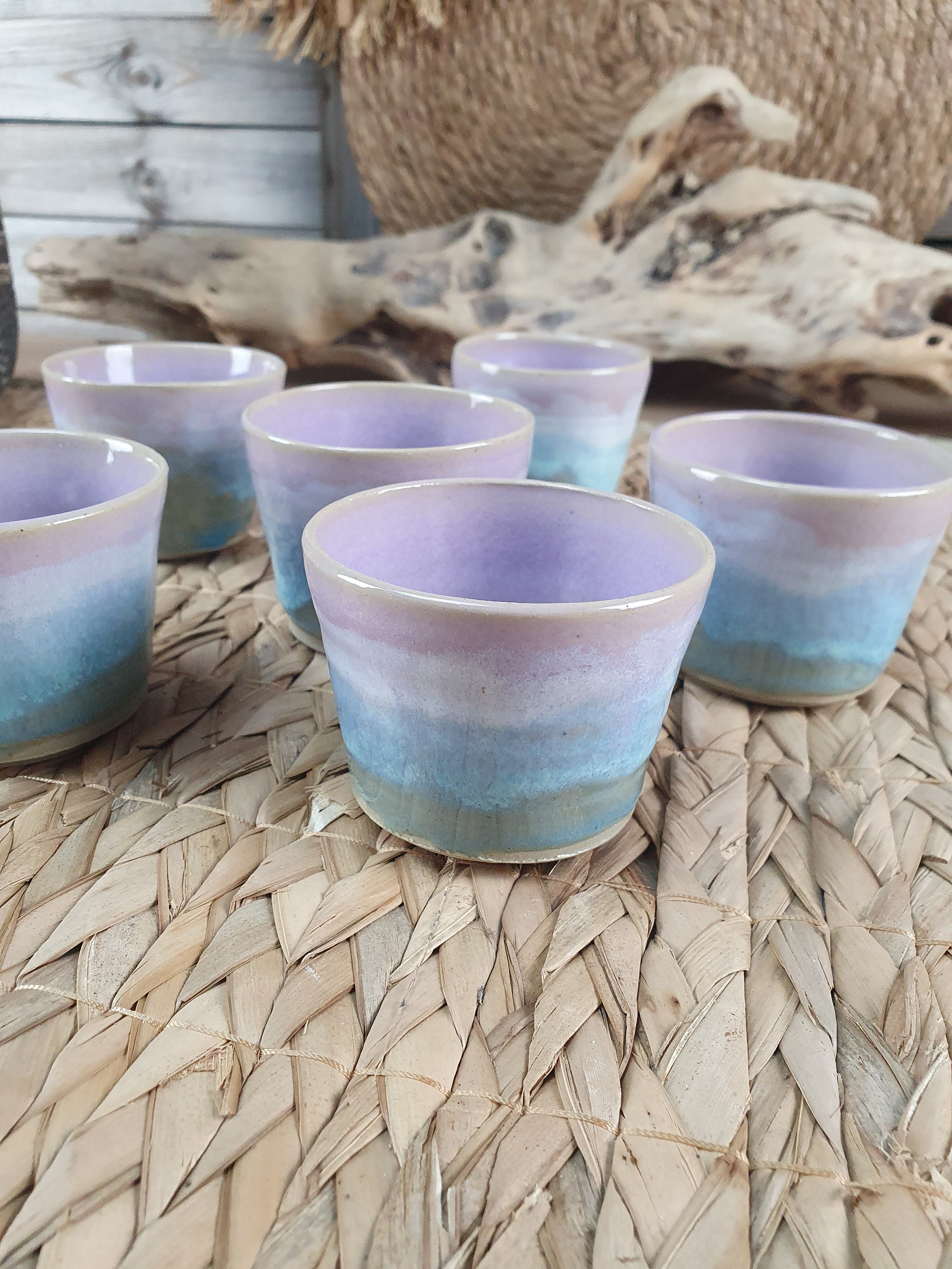 Service de 6 Petite Tasses à Café ou Express , en Grès Émaillé, Blanc, Rose et Bleu