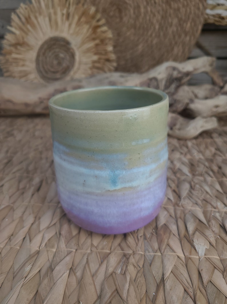 Cup without handle/tumbler in white, turquoise and pink enamelled stoneware for your hot drinks, tea, coffee or hot chocolate image 1