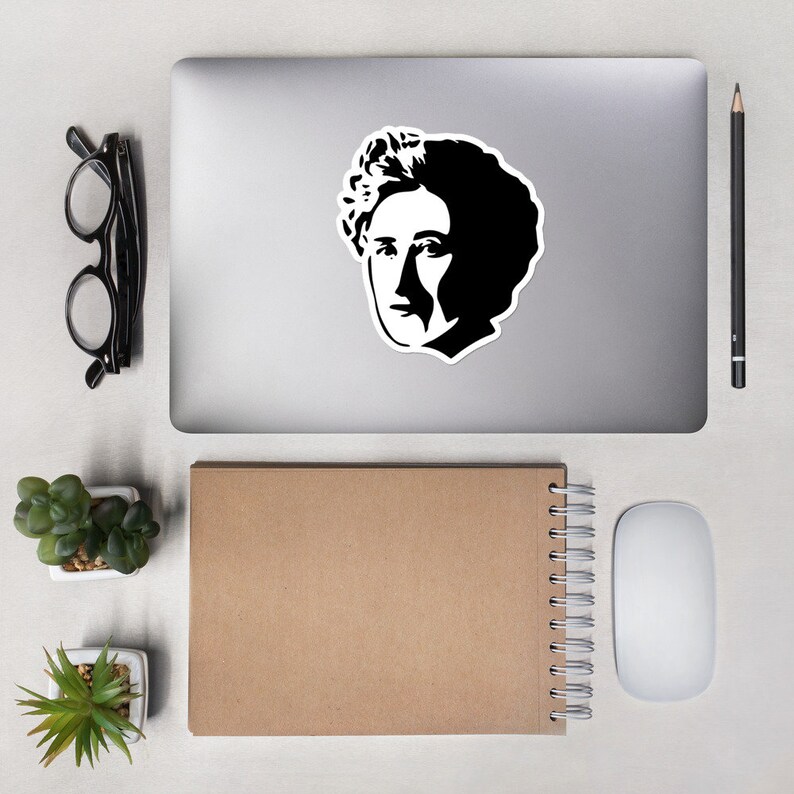 May include: Black and white silhouette of a woman's face with curly hair on a silver laptop.