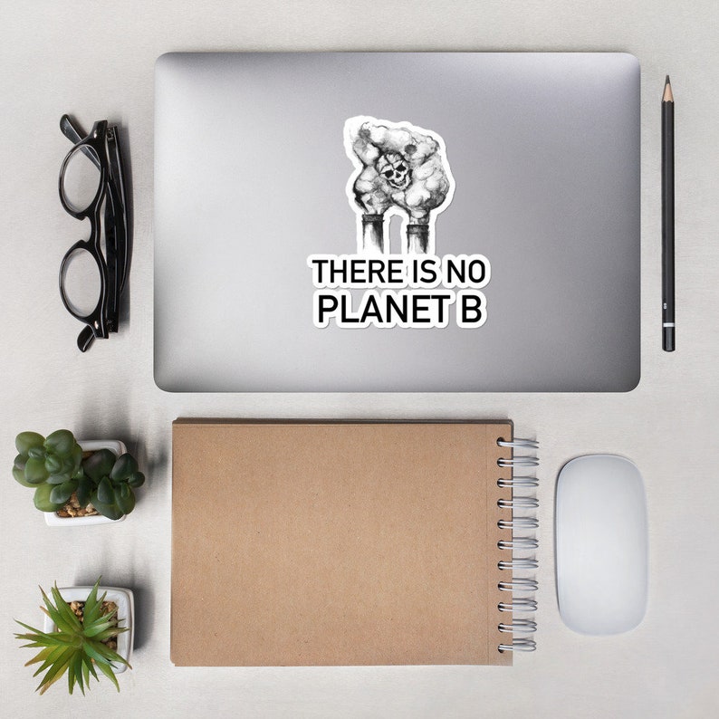 May include: A black and white sticker with a drawing of a skull and smoke coming out of two factory chimneys. The text "THERE IS NO PLANET B" is below the drawing.