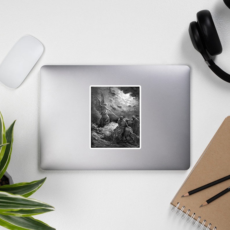 May include: Black and white illustration of an angel with wings outstretched, appearing to a group of three people on horseback. The angel is pointing towards the sky, where a bright light shines through the clouds.
