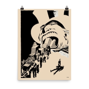 May include: Black and white illustration of a giant, open-mouthed figure wearing a top hat, swallowing a city.  People are working on the buildings, and one person is lying on the ground.