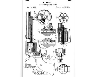 Könnte beinhalten: Schwarz-weiß-Zeichnung eines Patents für eine Revolverwaffe. Das Patent trägt den Titel "W. Mason. Revolving Fire-Arms." und die Patentnummer lautet "No. 158,957." Das Patent wurde am 19. Januar 1875 eingereicht.
