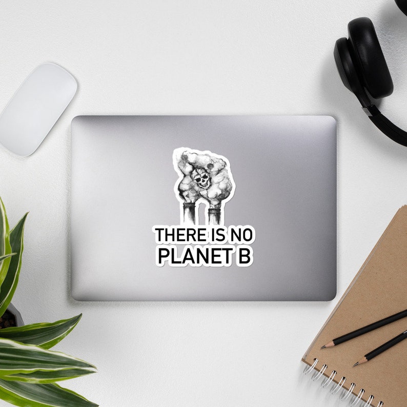 May include: Black and white sticker with a skull and smoke coming out of two factory chimneys. The text "THERE IS NO PLANET B" is below the image.
