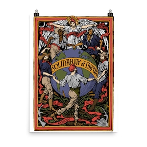 May include: A vintage poster depicting a globe surrounded by figures representing different continents. The poster is titled "Solidarity of Labour" and features a winged figure at the top with the word "Freedom" above her head.