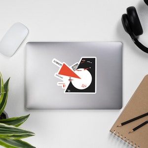 Może przedstawiać: Geometriczny wzór w czerni i bieli z czerwonym trójkątem i tekstem "КАКНИМ" i "БЕЙ" w języku rosyjskim.