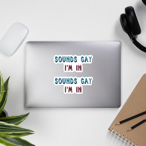May include: Two stickers with the text "Sounds Gay I'm In" in blue and pink lettering on a silver laptop.
