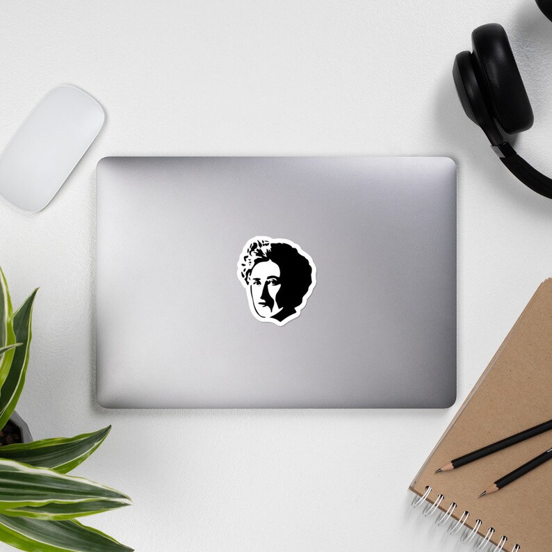 May include: Black and white silhouette sticker of a woman with curly hair.