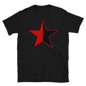 May include: Black t-shirt with a red and black star graphic.