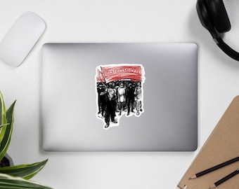 Könnte beinhalten: Eine Schwarzweißillustration einer Gruppe von Menschen, die ein rotes Banner mit der Aufschrift "Internationale" halten.