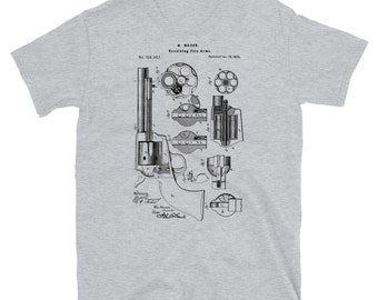 May include: A grey t-shirt featuring a black and white illustration of a patent drawing for a revolver. The text on the drawing reads "W. Mason, Revolving Fire Arms. No. 158,957. Patented Jan. 19, 1875."