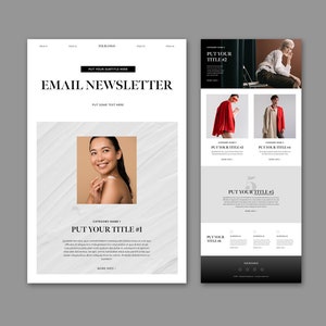 Puede incluir: Una plantilla de boletín de correo electrónico de marketing digital con un diseño limpio y minimalista. El diseño presenta una mujer, texto e imágenes. El texto incluye "EMAIL NEWSLETTER" y "PUT YOUR TITLE #1". La combinación de colores es principalmente negro, blanco y gris.