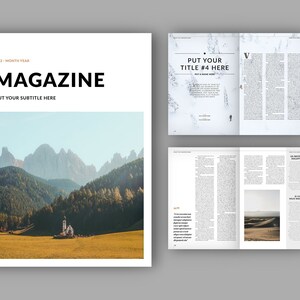 May include: A magazine cover with a photo of a mountain range and a small church in a valley. The title of the magazine is "MAGAZINE" and the subtitle is "PUT YOUR SUBTITLE HERE".