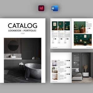 Könnte beinhalten: Ein Katalogcover mit dem Titel "CATALOG LOOKBOOK - PORTFOLIO YEAR" in schwarzem Text. Das Cover zeigt ein Foto eines modernen Badezimmers mit einer freistehenden Badewanne, einem Waschbecken und einem großen runden Spiegel. Das Badezimmer ist in einem dunklen Farbschema mit schwarzen und grauen Fliesen dekoriert.