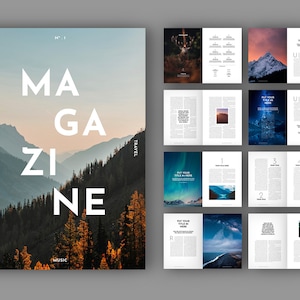Op de afbeelding: Een magazinecover met het woord "MAGAZINE" in witte letters op een achtergrond van een bergketen bij zonsondergang. De magazinecover bevat ook de woorden "FASHION", "TRAVEL" en "MUSIC".
