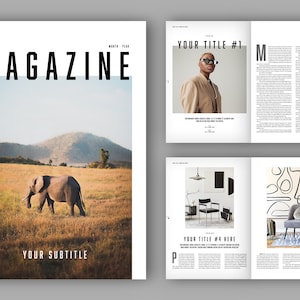 Könnte beinhalten: Ein Magazincover mit einem Foto eines Elefanten in einem grasbewachsenen Feld mit einem Berg im Hintergrund. Der Titel des Magazins lautet "MAGAZINE" und der Untertitel lautet "YOUR SUBTITLE".