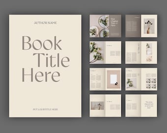 May include: A book cover mockup with the title "Book Title Here" and the text "Put a subtitle here" at the bottom. The cover is a light beige color with a minimalist design. The book is surrounded by pages with floral illustrations and text.