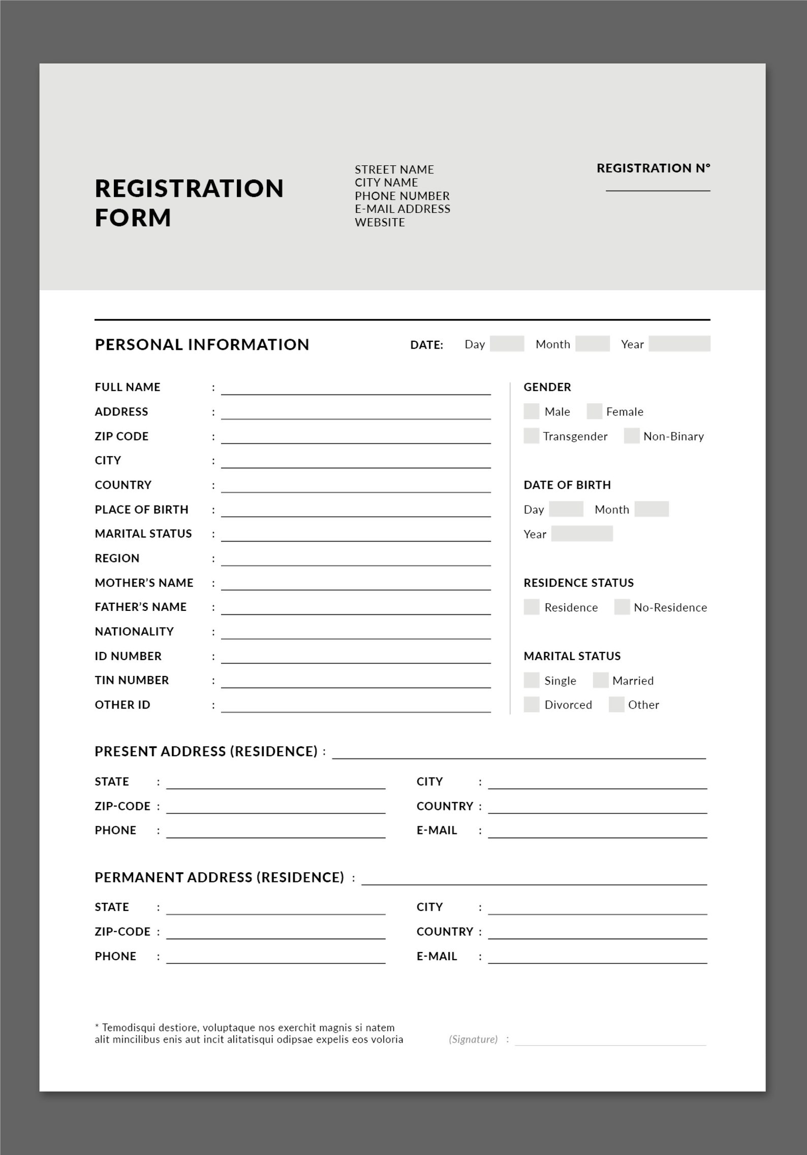 Registration Form Layout Template Document Form Template Application