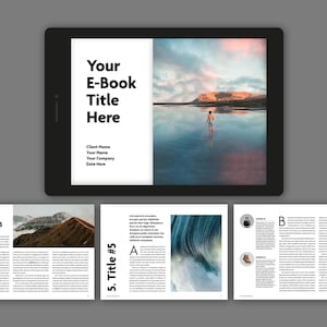 Op de afbeelding: Een digitale ebook-omslag met een witte achtergrond en zwarte tekst. De tekst luidt "Your E-Book Title Here". Onder de titel staat een lijst met tijdelijke aanduidingen voor de naam van de klant, uw naam, uw bedrijf en de datum. De achtergrondafbeelding is een landschapsfoto van een persoon die in een waterlichaam staat met een berg in de verte. De lucht is een mix van roze, oranje en blauw.