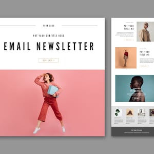 Könnte beinhalten: Eine Newsletter-Vorlage mit dem Text "EMAIL NEWSLETTER" in fetten schwarzen Buchstaben. Die Vorlage hat einen rosa Hintergrund mit einer Frau in einem roten Pullover und einer Hose, die eine blaue Box hält. Die rechte Seite der Vorlage hat einen weißen Hintergrund mit Bildern von Menschen und Textfeldern.