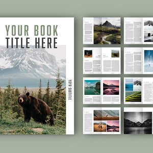 May include: A book cover featuring a black bear standing in a woodland setting with snow-capped mountains in the background. The title "YOUR BOOK TITLE HERE" is at the top of the cover. The subtitle "YOUR SUBTITLE" is on the right side of the cover. The author's name is on the left side of the cover.
