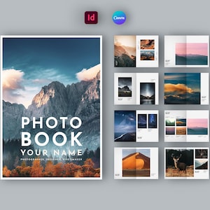 Puede incluir: Una maqueta de libro de fotos con una imagen de portada de montañas y un título que dice "Photo Book Your Name Photographer Designer Videographer". La maqueta muestra varias páginas con diferentes fotos de paisajes.